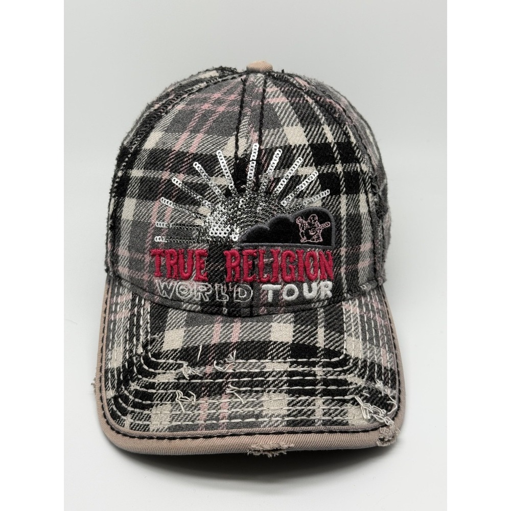 True Religion Hat Cap Leather Strap Back Vintage Y2K Plaid Trucker World Tour